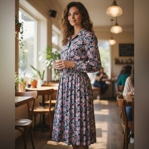 Vtg 80’s Sabino Long Sleeve Belted Button Front Midi Dress in Floral Size 12